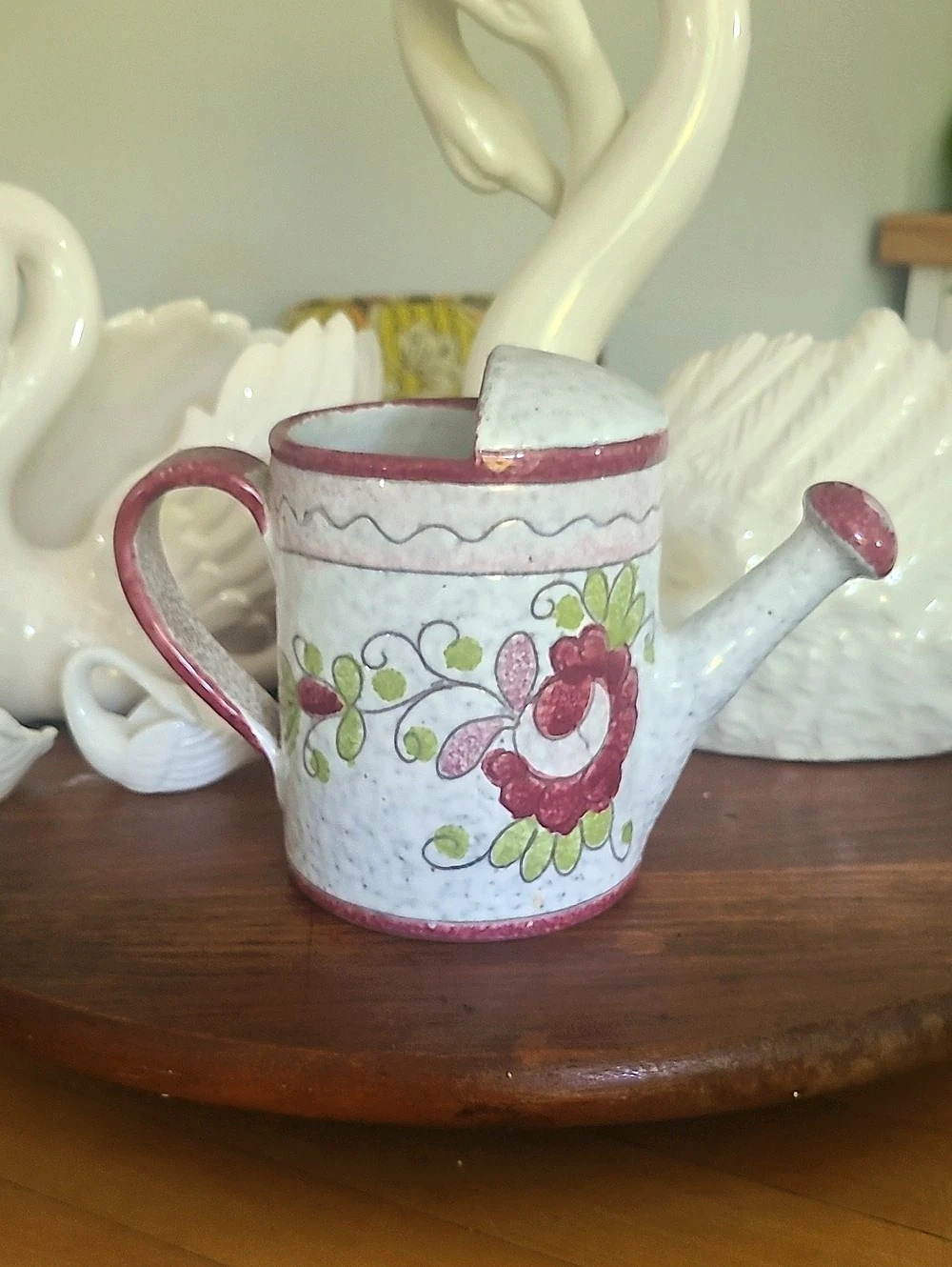Vintage Floral Ceramic Watering Can in White & Pink Made In Italy